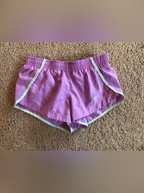 Kids Nike Purple Athletic Running Shorts with Mint Trim.
